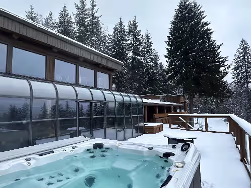 Outdoor spa tub at New Denver Lodge! Your Private Retreat with Superb views in the West Kootenays