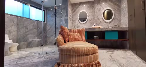 Dual Vanity marble bathroom. at Villa Dzul