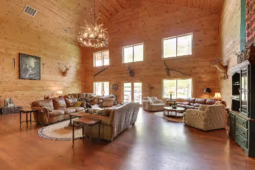 1st-Floor Living Room | Free WiFi | Fireplace at Fraziers Bottom Cabin on 800 Acres of Land w/ Lake