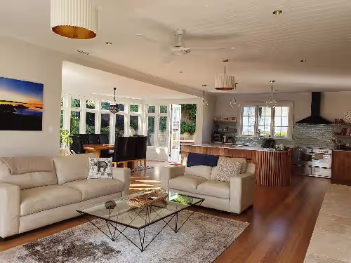 Newly renovated open plan kitchen, living, dining. at Derwent River Villa