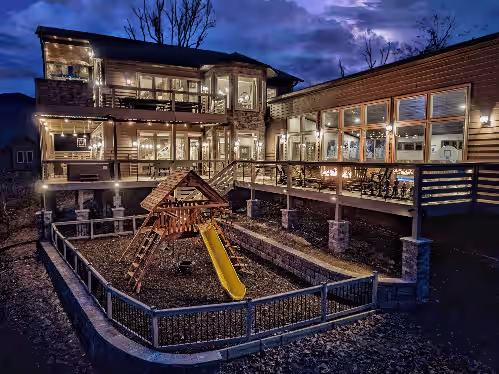 So many activities to do outdoors! at ASTOUNDING Luxury Cabin! Downtown! Pool! Playground! 13 Fireplaces! HUGE DECKS