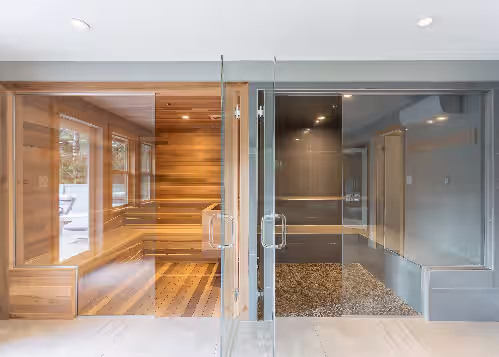 Spa Room: the sauna (dry heat) and steam room (wet heat). at Alta Lake Chalet: Private Spa, Vaulted Ceiling, BBQs, Cinema,