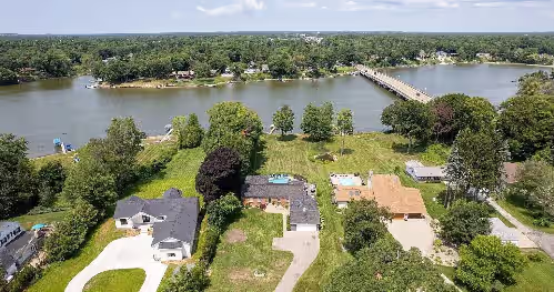 Bird's eye view of the property and Mona Lake. (The house in the middle with the grey roof.) at Christmas Available*Indoor