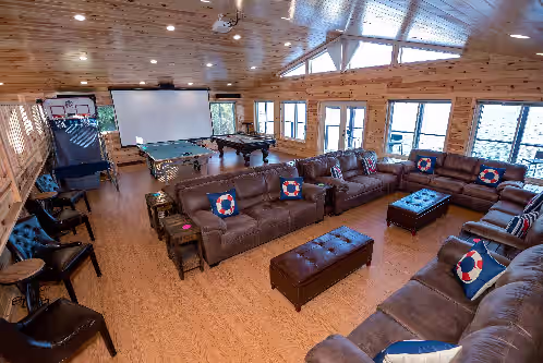 12-foot HD projector TV screen, Klipsch Surround Sound...great audio-video! at Accessible Blue Spruce Lodge: 340 ft of Lake