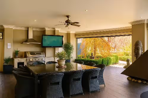 Dining at Epic Retreat with Pool, Sauna, Cinema, Firepit & More