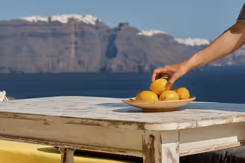Outdoor dining at Ilivatos Elegant Villa on the Caldera's Edge