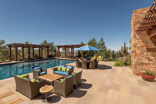 Pool at Luxury Resort Living in Santa Fe, heated pool, hot tubs, 360 mountain top views