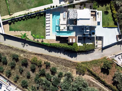 Bird eye view of the villa at Two private pools, walking distance to Agia Marina and the beach