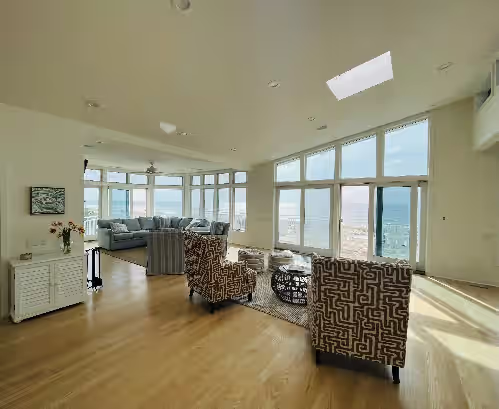 Great room and living room at Spectacular Oceanfront house, Private Lane, North Beach, 100 ft beachfront views