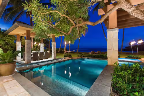Pool at Twilight at 10% Off Summer Special! Luxury Oceanfront Estate: Banyan House Hawaii