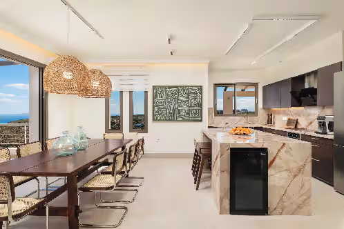 Private kitchen at Absolute Privacy in this modern villa, with amazing seaview, private pool & BBQ