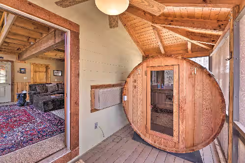 Enclosed Patio | Sauna at Serenity on the River Luxe Lewisburg Cabin