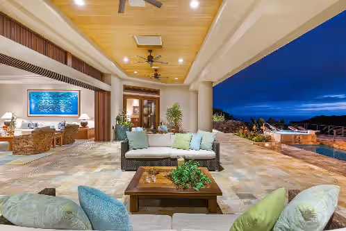 Living area at Mountain Retreat, Ocean views, Pool with Hot tub, Minutes to Kona Town